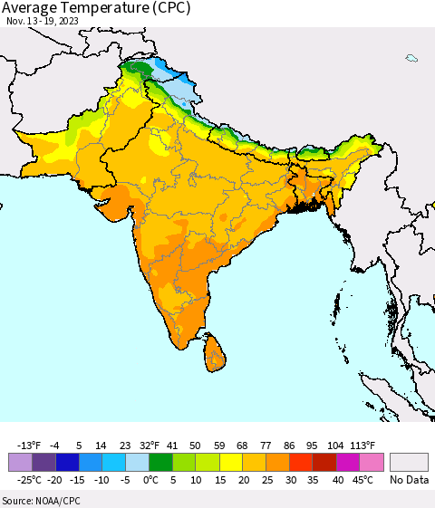 Southern Asia Average Temperature (CPC) Thematic Map For 11/13/2023 - 11/19/2023