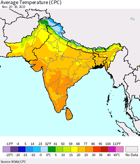 Southern Asia Average Temperature (CPC) Thematic Map For 11/20/2023 - 11/26/2023