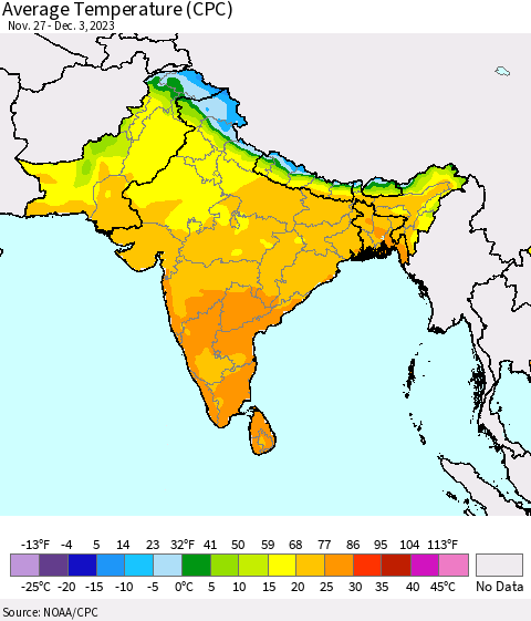Southern Asia Average Temperature (CPC) Thematic Map For 11/27/2023 - 12/3/2023