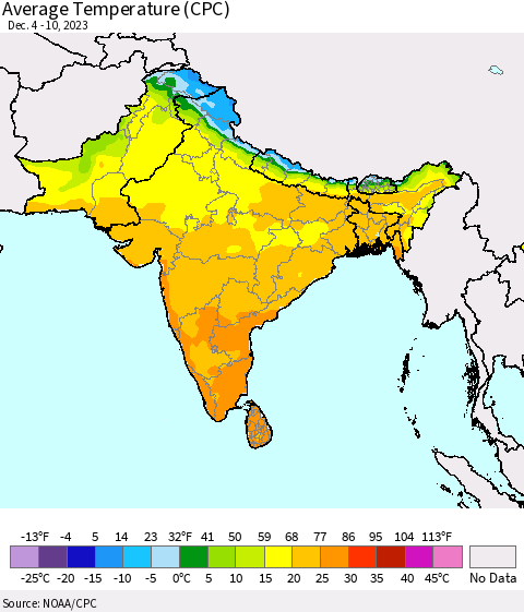 Southern Asia Average Temperature (CPC) Thematic Map For 12/4/2023 - 12/10/2023