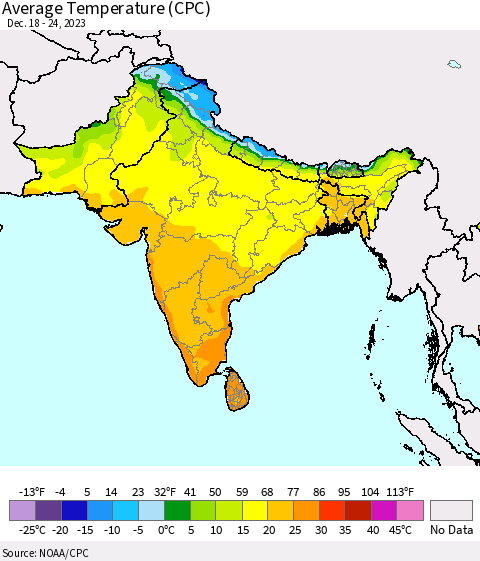Southern Asia Average Temperature (CPC) Thematic Map For 12/18/2023 - 12/24/2023