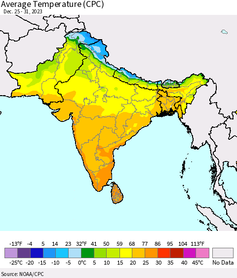 Southern Asia Average Temperature (CPC) Thematic Map For 12/25/2023 - 12/31/2023
