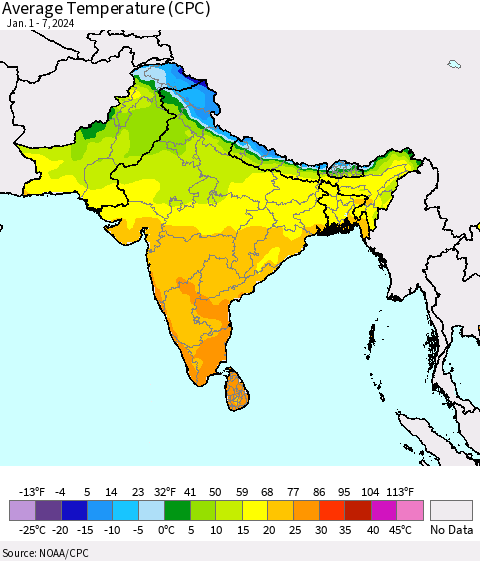 Southern Asia Average Temperature (CPC) Thematic Map For 1/1/2024 - 1/7/2024