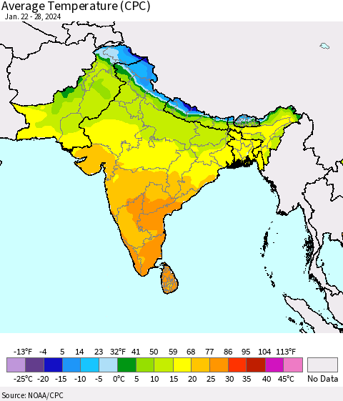 Southern Asia Average Temperature (CPC) Thematic Map For 1/22/2024 - 1/28/2024