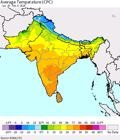 Southern Asia Average Temperature (CPC) Thematic Map For 1/29/2024 - 2/4/2024