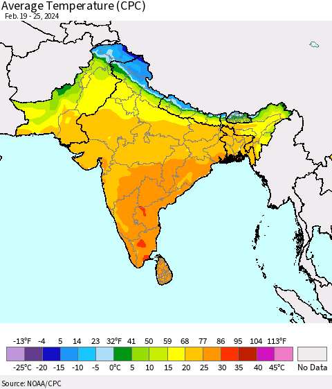 Southern Asia Average Temperature (CPC) Thematic Map For 2/19/2024 - 2/25/2024