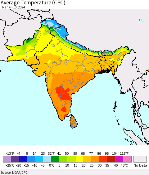 Southern Asia Average Temperature (CPC) Thematic Map For 3/4/2024 - 3/10/2024