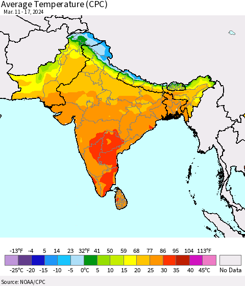 Southern Asia Average Temperature (CPC) Thematic Map For 3/11/2024 - 3/17/2024