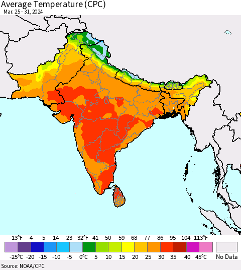Southern Asia Average Temperature (CPC) Thematic Map For 3/25/2024 - 3/31/2024