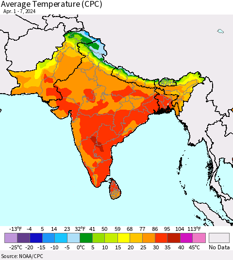 Southern Asia Average Temperature (CPC) Thematic Map For 4/1/2024 - 4/7/2024
