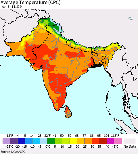 Southern Asia Average Temperature (CPC) Thematic Map For 4/8/2024 - 4/14/2024