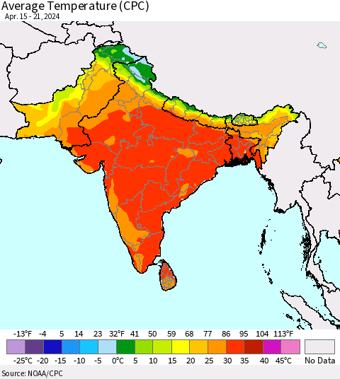 Southern Asia Average Temperature (CPC) Thematic Map For 4/15/2024 - 4/21/2024