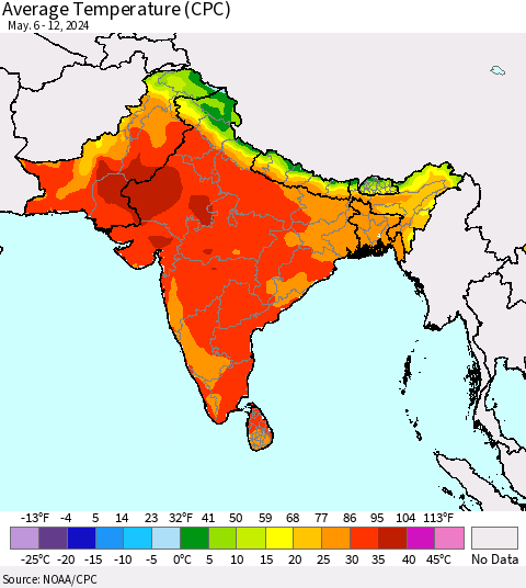 Southern Asia Average Temperature (CPC) Thematic Map For 5/6/2024 - 5/12/2024