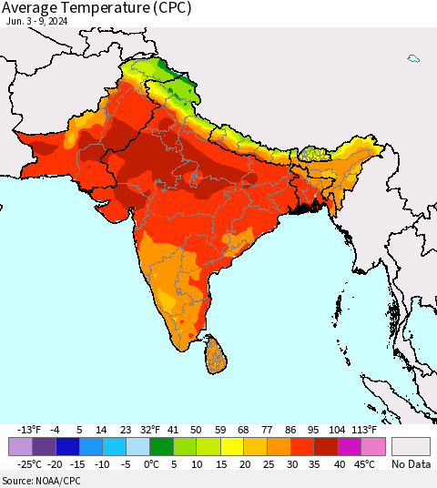 Southern Asia Average Temperature (CPC) Thematic Map For 6/3/2024 - 6/9/2024