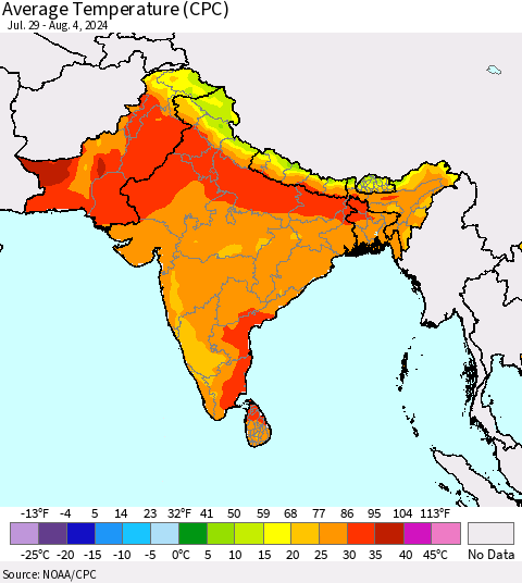 Southern Asia Average Temperature (CPC) Thematic Map For 7/29/2024 - 8/4/2024