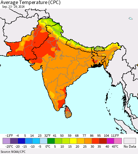 Southern Asia Average Temperature (CPC) Thematic Map For 9/23/2024 - 9/29/2024