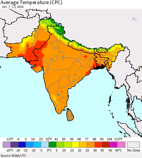 Southern Asia Average Temperature (CPC) Thematic Map For 10/7/2024 - 10/13/2024
