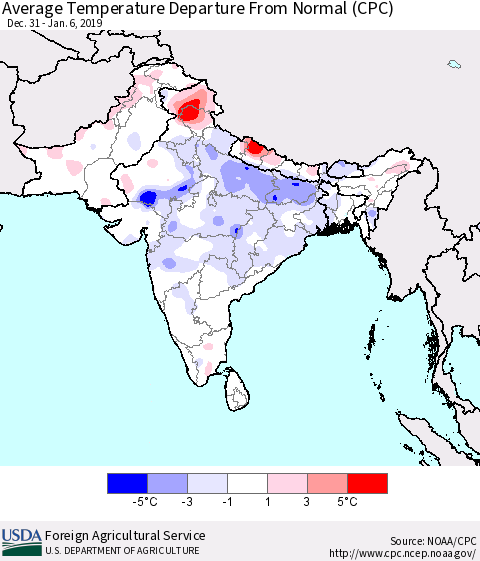 Southern Asia Average Temperature Departure from Normal (CPC) Thematic Map For 12/31/2018 - 1/6/2019