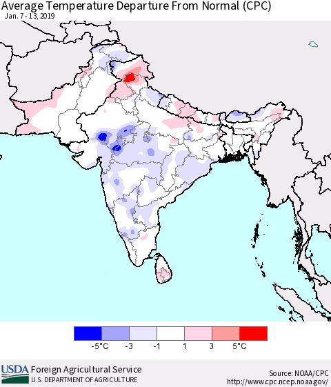Southern Asia Average Temperature Departure from Normal (CPC) Thematic Map For 1/7/2019 - 1/13/2019