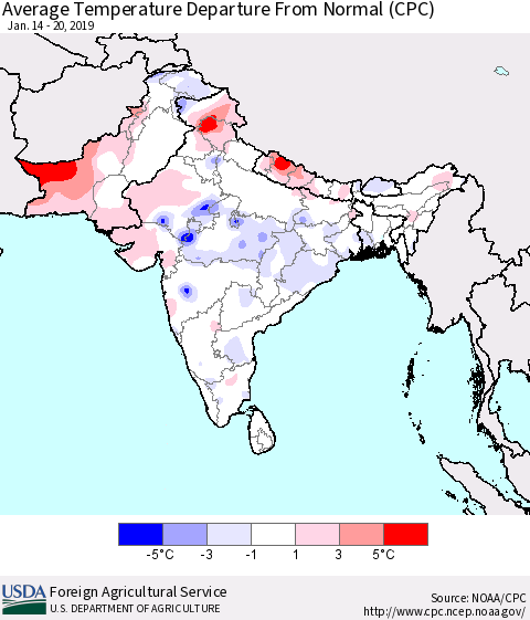 Southern Asia Average Temperature Departure from Normal (CPC) Thematic Map For 1/14/2019 - 1/20/2019