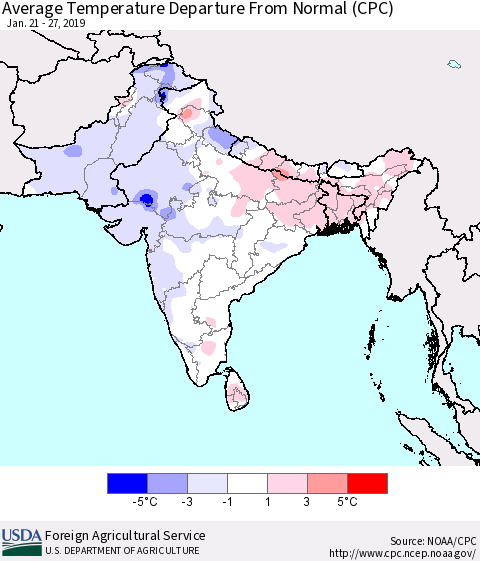Southern Asia Average Temperature Departure from Normal (CPC) Thematic Map For 1/21/2019 - 1/27/2019