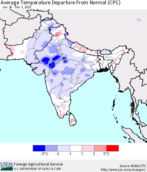 Southern Asia Average Temperature Departure from Normal (CPC) Thematic Map For 1/28/2019 - 2/3/2019