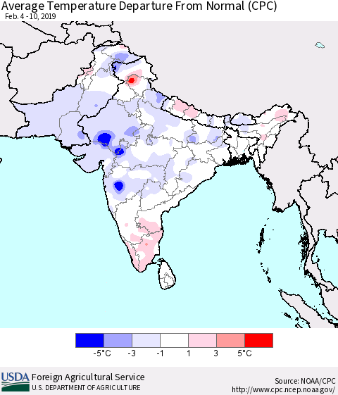 Southern Asia Average Temperature Departure from Normal (CPC) Thematic Map For 2/4/2019 - 2/10/2019