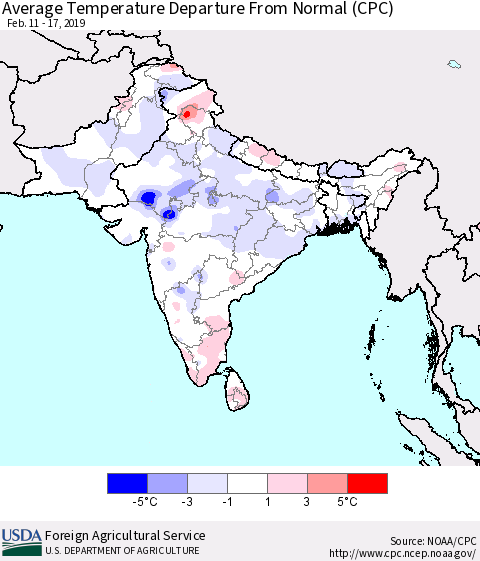 Southern Asia Average Temperature Departure from Normal (CPC) Thematic Map For 2/11/2019 - 2/17/2019
