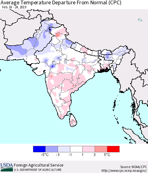 Southern Asia Average Temperature Departure from Normal (CPC) Thematic Map For 2/18/2019 - 2/24/2019