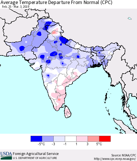 Southern Asia Average Temperature Departure from Normal (CPC) Thematic Map For 2/25/2019 - 3/3/2019