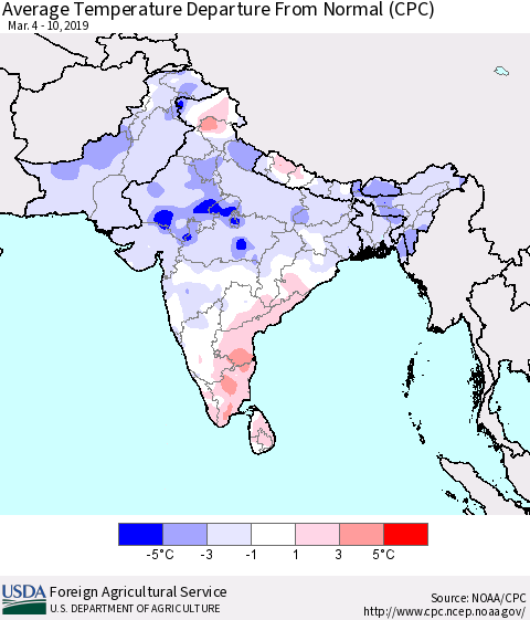 Southern Asia Average Temperature Departure from Normal (CPC) Thematic Map For 3/4/2019 - 3/10/2019