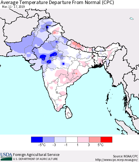 Southern Asia Average Temperature Departure from Normal (CPC) Thematic Map For 3/11/2019 - 3/17/2019
