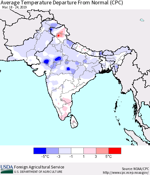 Southern Asia Average Temperature Departure from Normal (CPC) Thematic Map For 3/18/2019 - 3/24/2019