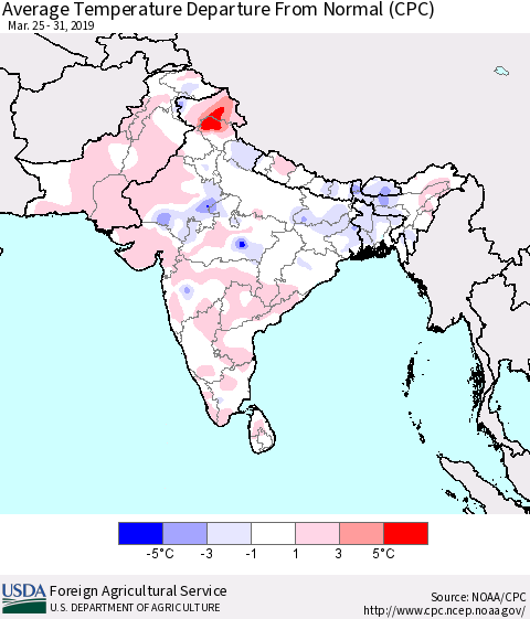 Southern Asia Average Temperature Departure from Normal (CPC) Thematic Map For 3/25/2019 - 3/31/2019