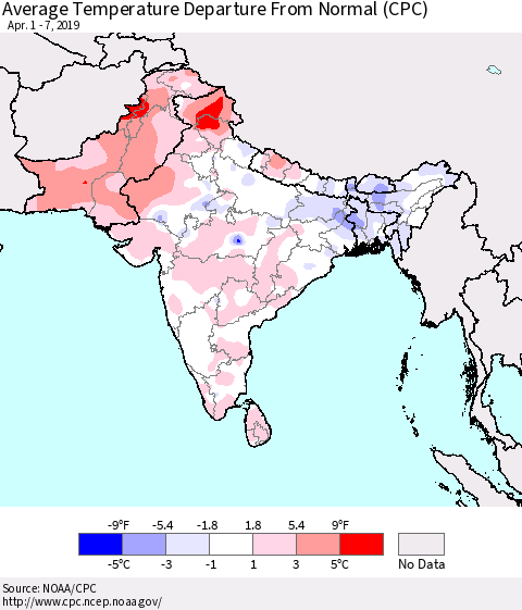 Southern Asia Average Temperature Departure from Normal (CPC) Thematic Map For 4/1/2019 - 4/7/2019