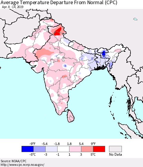 Southern Asia Average Temperature Departure from Normal (CPC) Thematic Map For 4/8/2019 - 4/14/2019