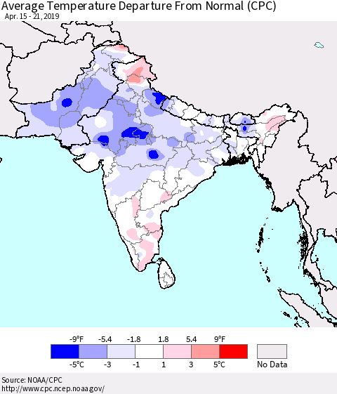Southern Asia Average Temperature Departure from Normal (CPC) Thematic Map For 4/15/2019 - 4/21/2019