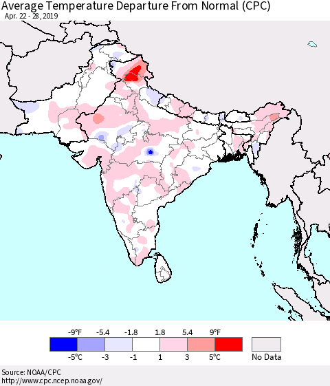 Southern Asia Average Temperature Departure from Normal (CPC) Thematic Map For 4/22/2019 - 4/28/2019
