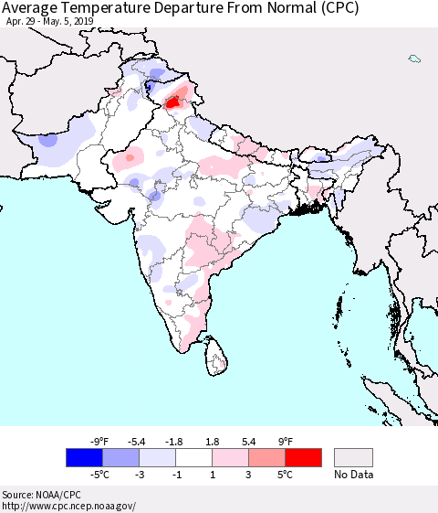 Southern Asia Average Temperature Departure from Normal (CPC) Thematic Map For 4/29/2019 - 5/5/2019
