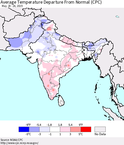 Southern Asia Average Temperature Departure From Normal (CPC) Thematic Map For 5/20/2019 - 5/26/2019