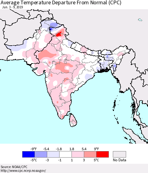 Southern Asia Average Temperature Departure From Normal (CPC) Thematic Map For 6/3/2019 - 6/9/2019