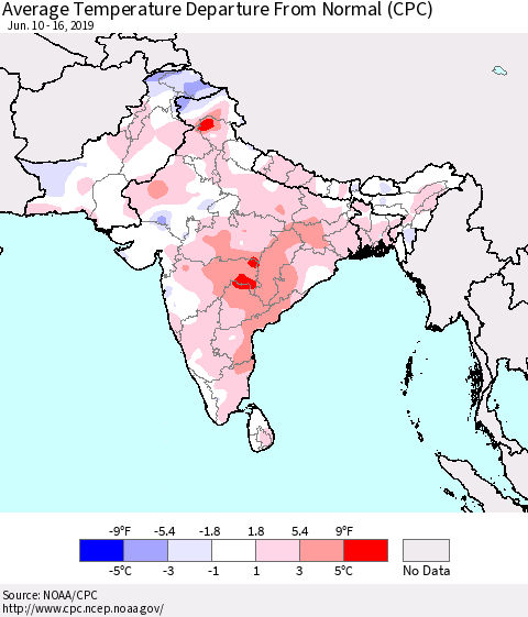 Southern Asia Average Temperature Departure From Normal (CPC) Thematic Map For 6/10/2019 - 6/16/2019