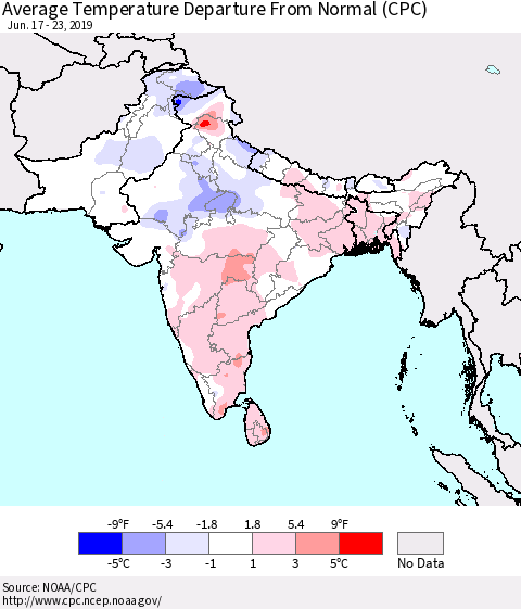 Southern Asia Average Temperature Departure From Normal (CPC) Thematic Map For 6/17/2019 - 6/23/2019