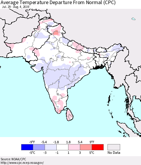 Southern Asia Average Temperature Departure From Normal (CPC) Thematic Map For 7/29/2019 - 8/4/2019