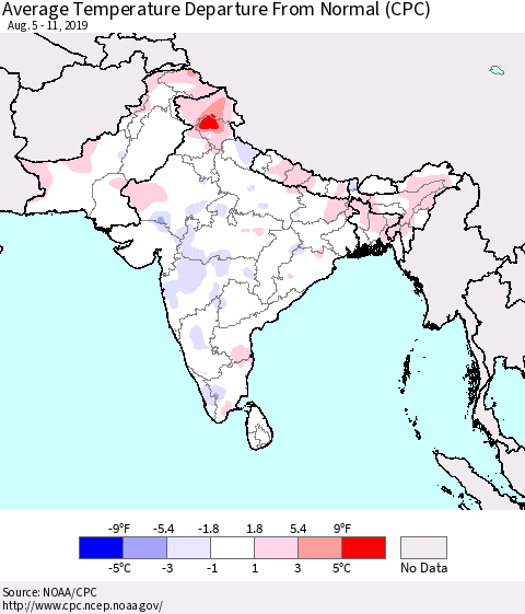 Southern Asia Average Temperature Departure From Normal (CPC) Thematic Map For 8/5/2019 - 8/11/2019