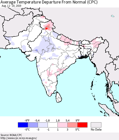 Southern Asia Average Temperature Departure From Normal (CPC) Thematic Map For 8/12/2019 - 8/18/2019