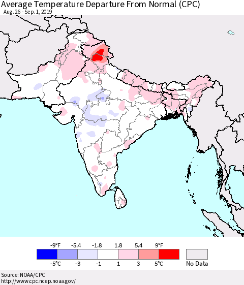 Southern Asia Average Temperature Departure From Normal (CPC) Thematic Map For 8/26/2019 - 9/1/2019