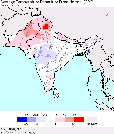 Southern Asia Average Temperature Departure From Normal (CPC) Thematic Map For 9/9/2019 - 9/15/2019