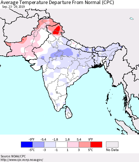 Southern Asia Average Temperature Departure From Normal (CPC) Thematic Map For 9/23/2019 - 9/29/2019
