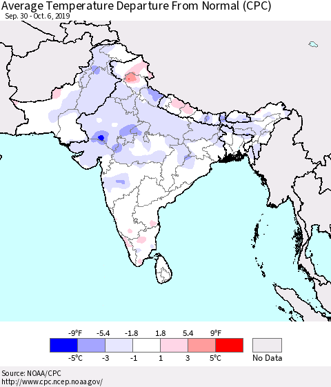 Southern Asia Average Temperature Departure From Normal (CPC) Thematic Map For 9/30/2019 - 10/6/2019